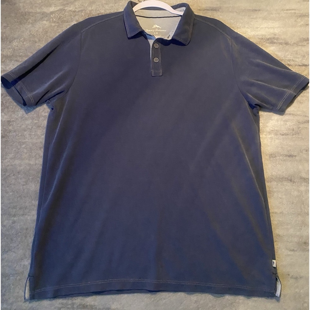 Tommy Bahama Mens Large Blue‎ Short Sleeve Pique Knit Polo Shirt Contrast Stitch